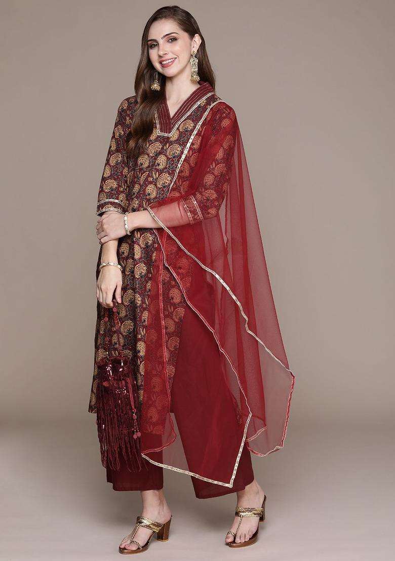 Maroon Printed Cotton Kurta Set - Indya