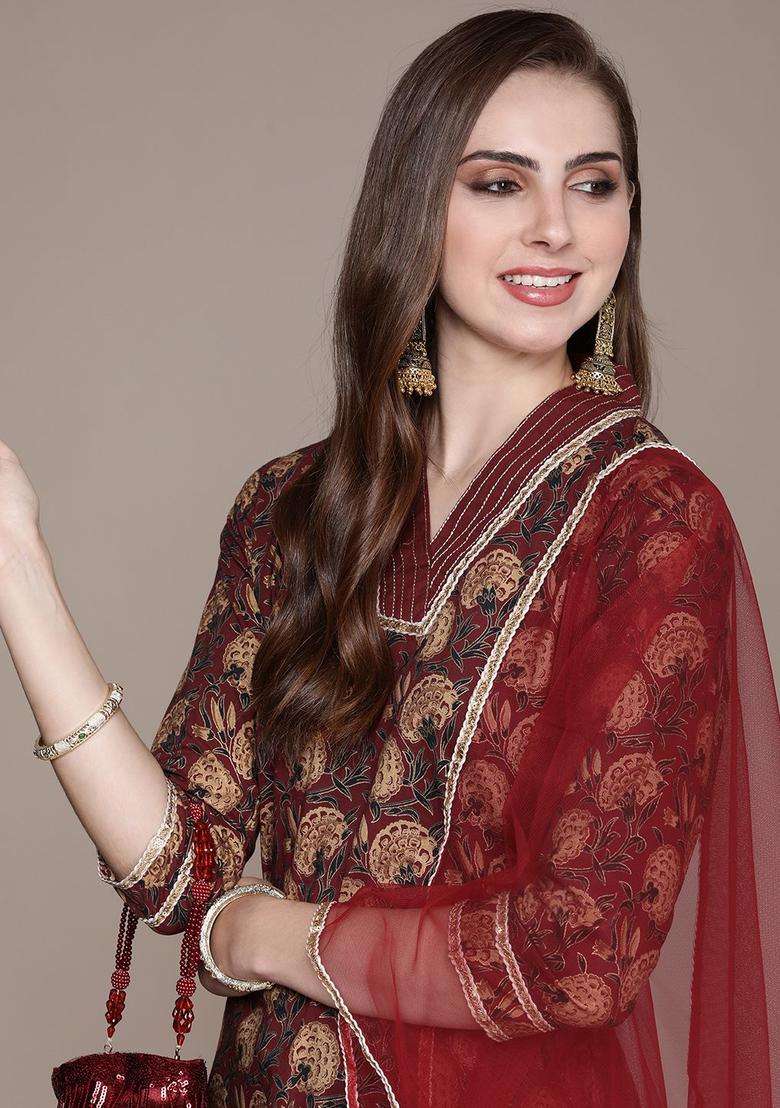 Maroon Printed Cotton Kurta Set - Indya