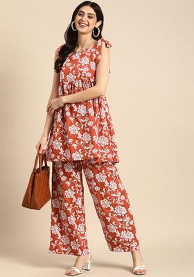 Rust Printed Viscose Kurta Set