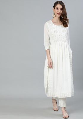 Off White Embroidered Cotton Kurta Set