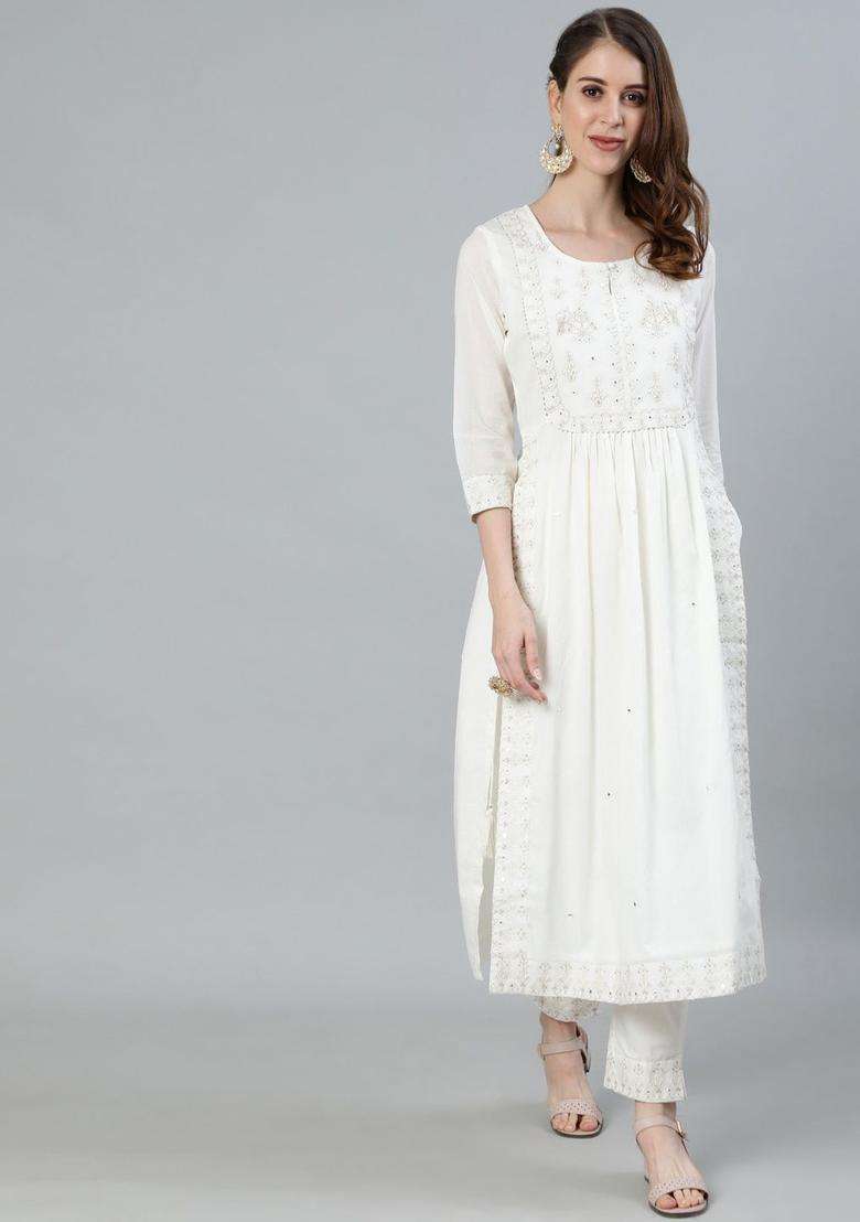 Off White Embroidered Cotton Kurta Set - Indya