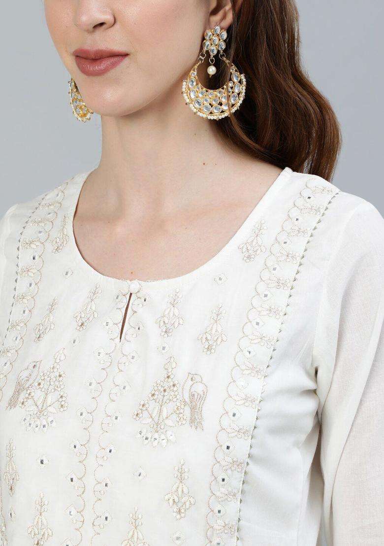 Off White Embroidered Cotton Kurta Set - Indya
