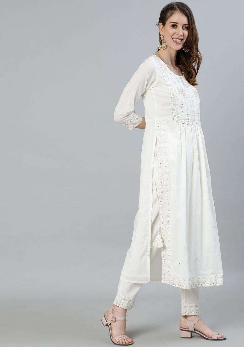 Off White Embroidered Cotton Kurta Set - Indya
