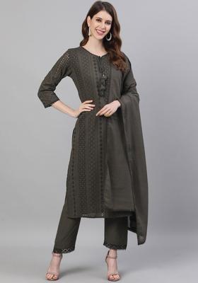 Olive Self Design Cotton Kurta Set