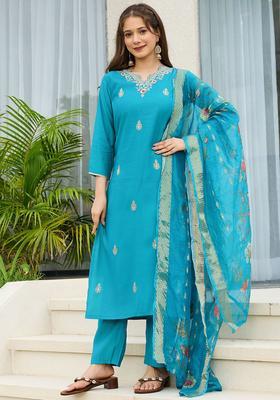 Turquoise Blue Embroidered Viscose Kurta Set