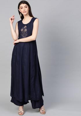 Navy Blue Printed Viscose Kurta Set
