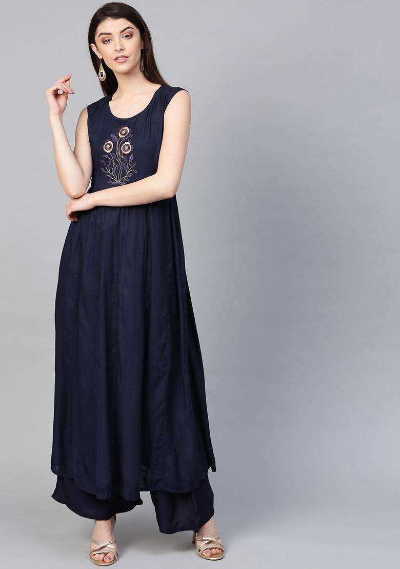 Navy Blue Printed Viscose Kurta Set - Indya
