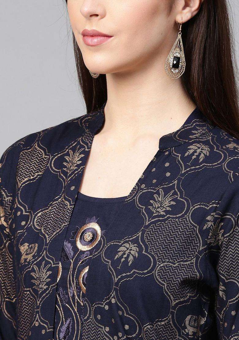 Navy Blue Printed Viscose Kurta Set - Indya