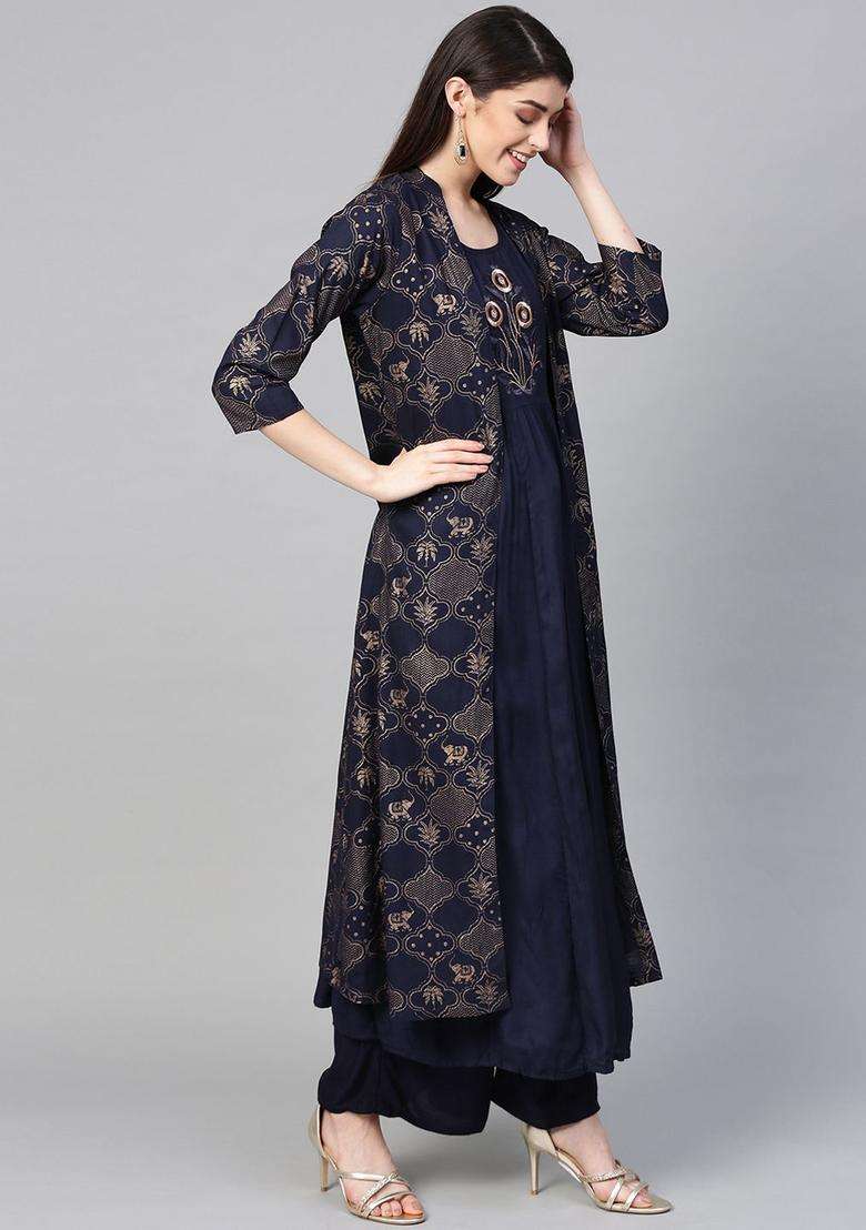 Navy Blue Printed Viscose Kurta Set - Indya