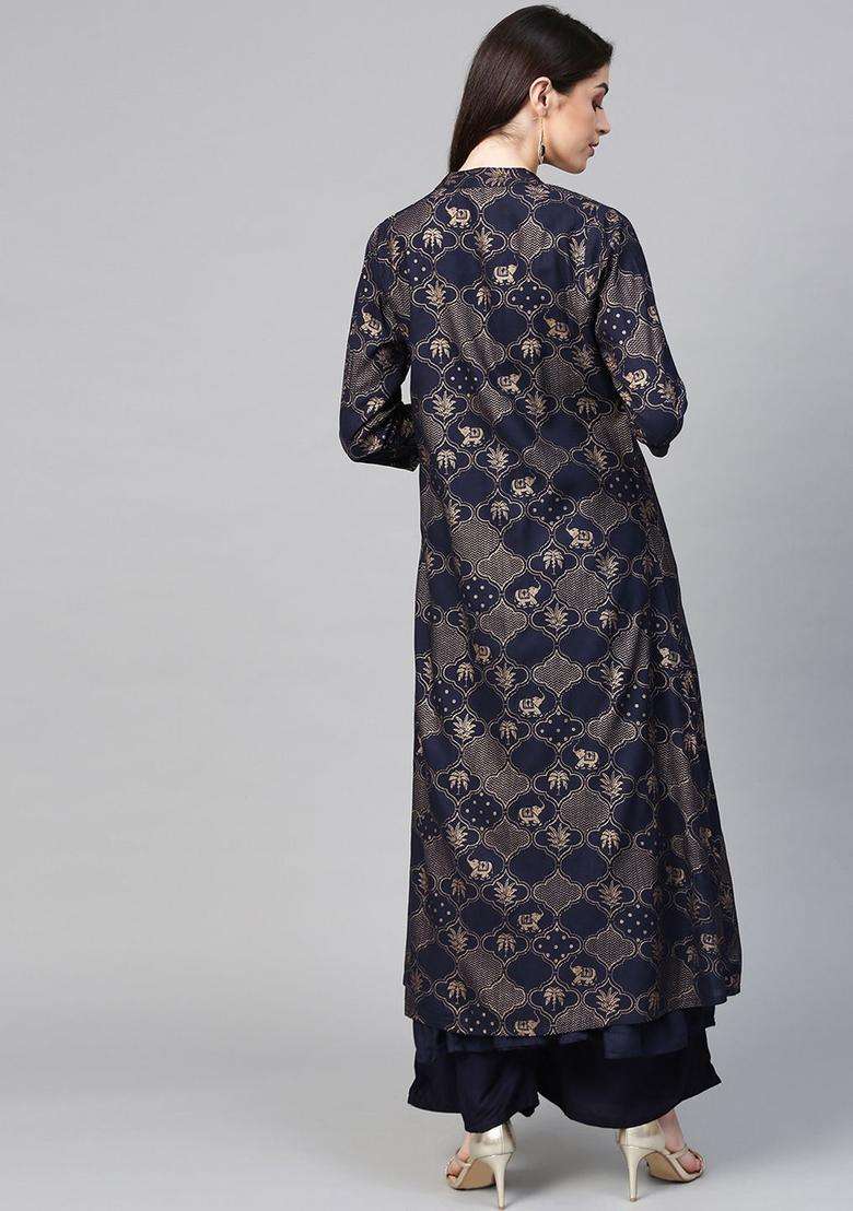 Navy Blue Printed Viscose Kurta Set - Indya