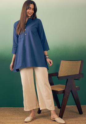 Blue Solid Cotton Kurta Set