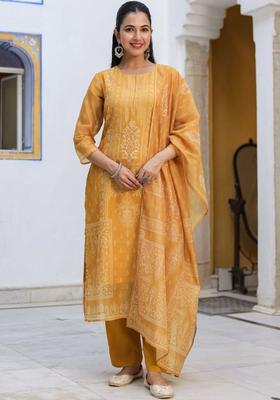 Mustard Printed Cotton Kurta Set