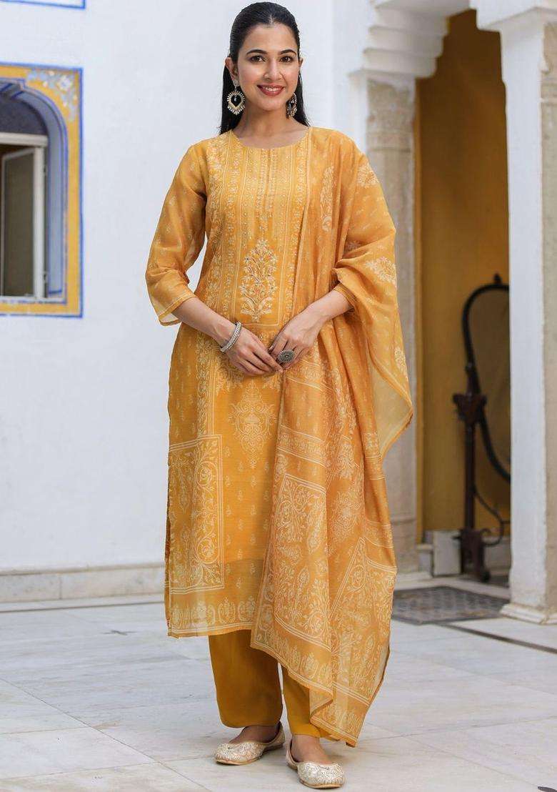 Mustard Printed Cotton Kurta Set - Indya