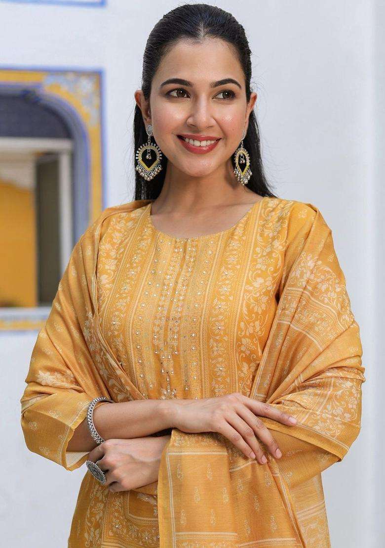 Mustard Printed Cotton Kurta Set - Indya