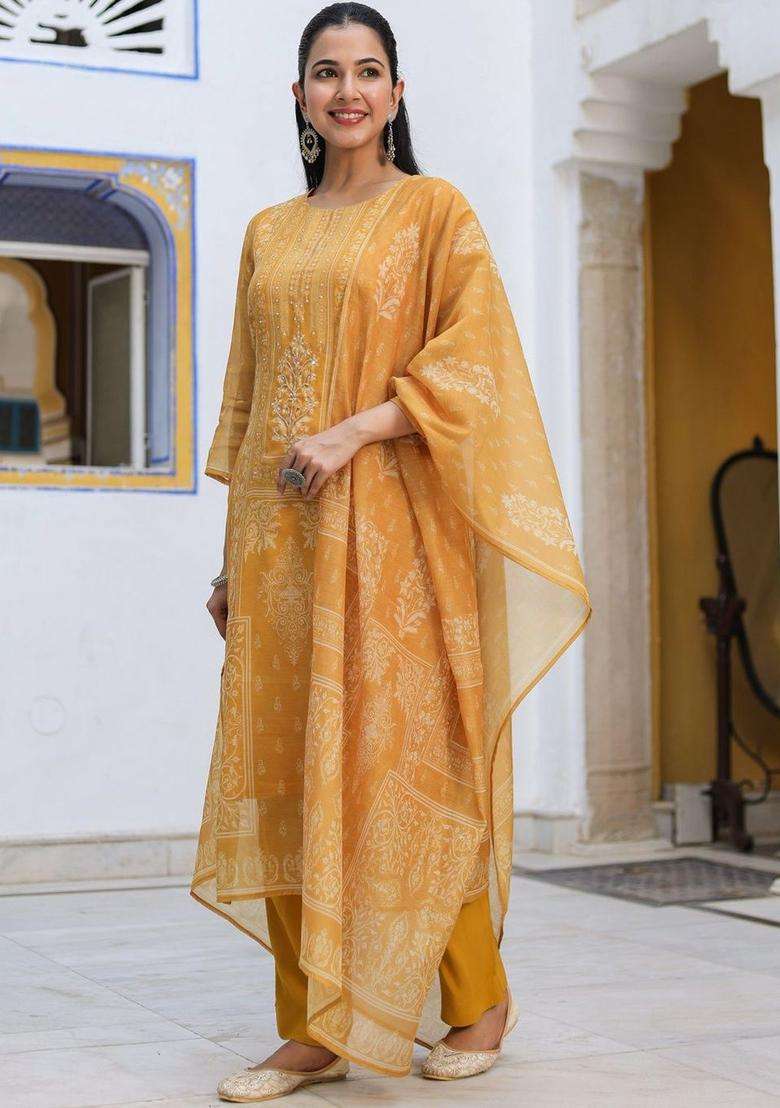 Mustard Printed Cotton Kurta Set - Indya
