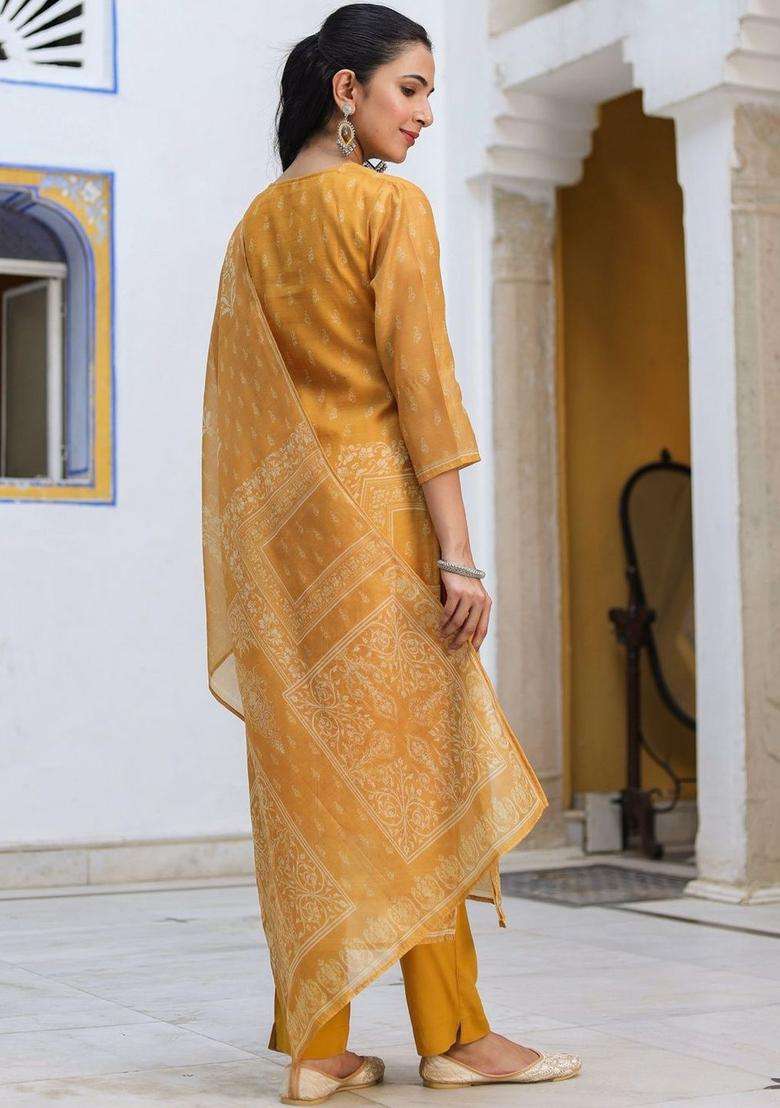Mustard Printed Cotton Kurta Set - Indya