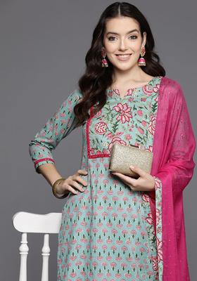 Sea Green Printed Cotton Kurta Set