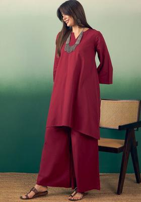 Burgundy Solid Cotton Kurta Set