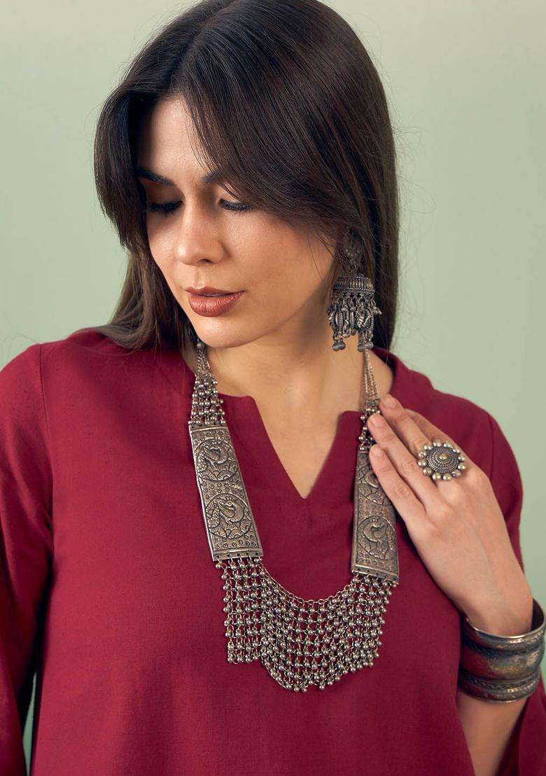 Burgundy Solid Cotton Kurta Set - Indya