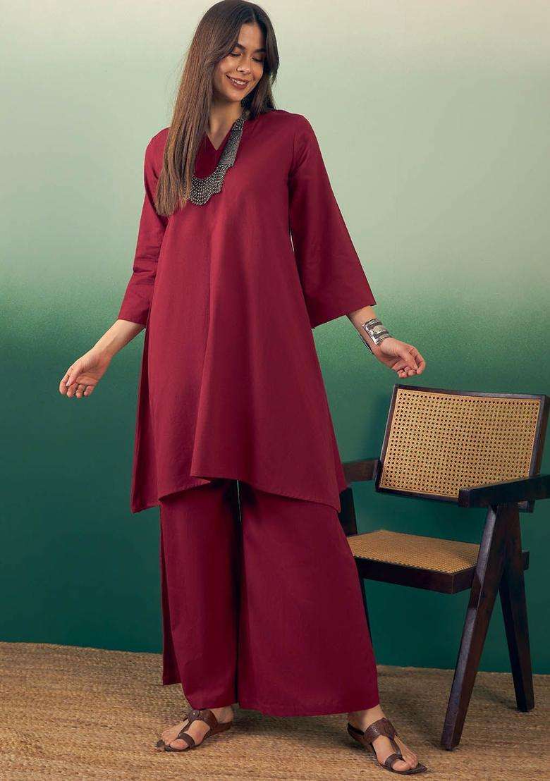 Burgundy Solid Cotton Kurta Set - Indya
