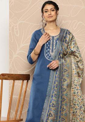 Blue Yoke Design Cotton Kurta Set