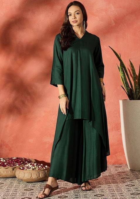 Green Solid Viscose Kurta Set — view on Indya