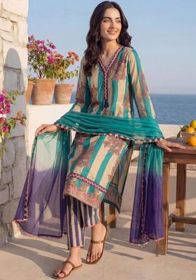 Beige Printed Cotton Kurta Set