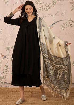 Black Solid Viscose Kurta Set