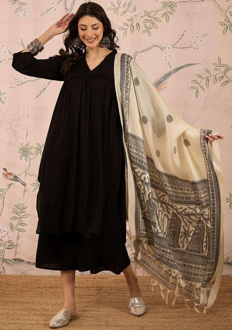 Black Solid Viscose Kurta Set - Indya