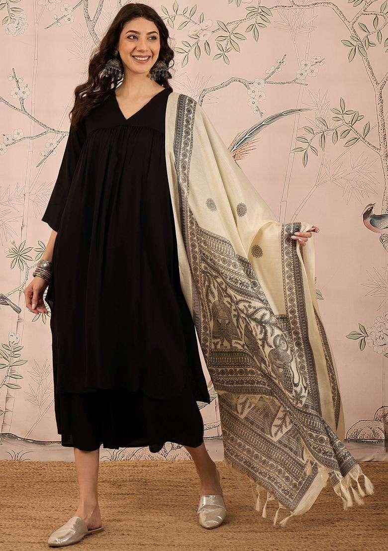 Black Solid Viscose Kurta Set - Indya