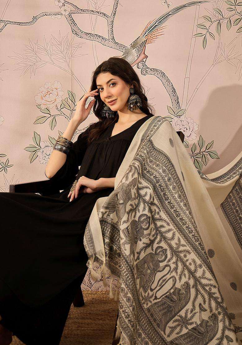 Black Solid Viscose Kurta Set - Indya