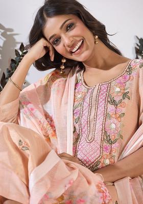 Peach Embroidered Cotton Kurta Set