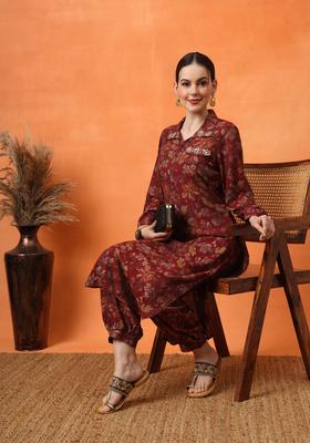 Maroon Printed Silk Blend Kurta Set