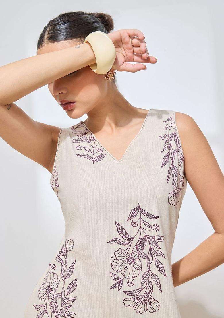 Beige Printed Cotton Kurta Set - Indya