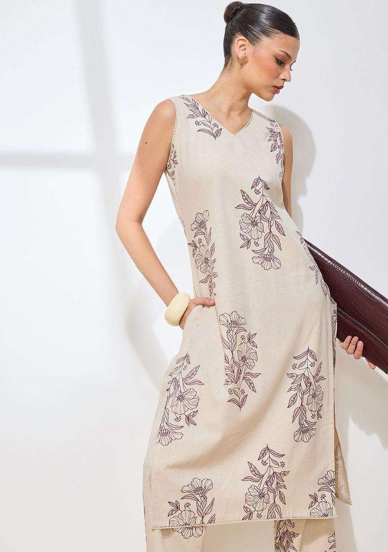 Beige Printed Cotton Kurta Set - Indya