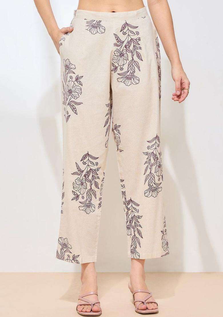 Beige Printed Cotton Kurta Set - Indya