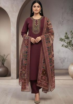 Maroon Embroidered Cotton Kurta Set