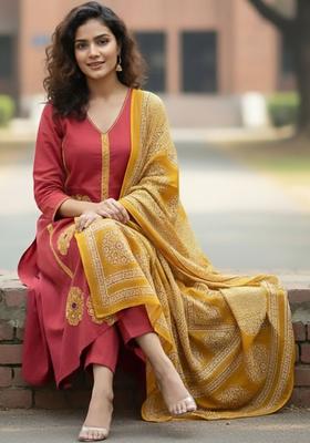 Red Embroidered Cotton Kurta Set
