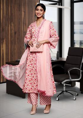 Pink Printed Cotton Kurta Set