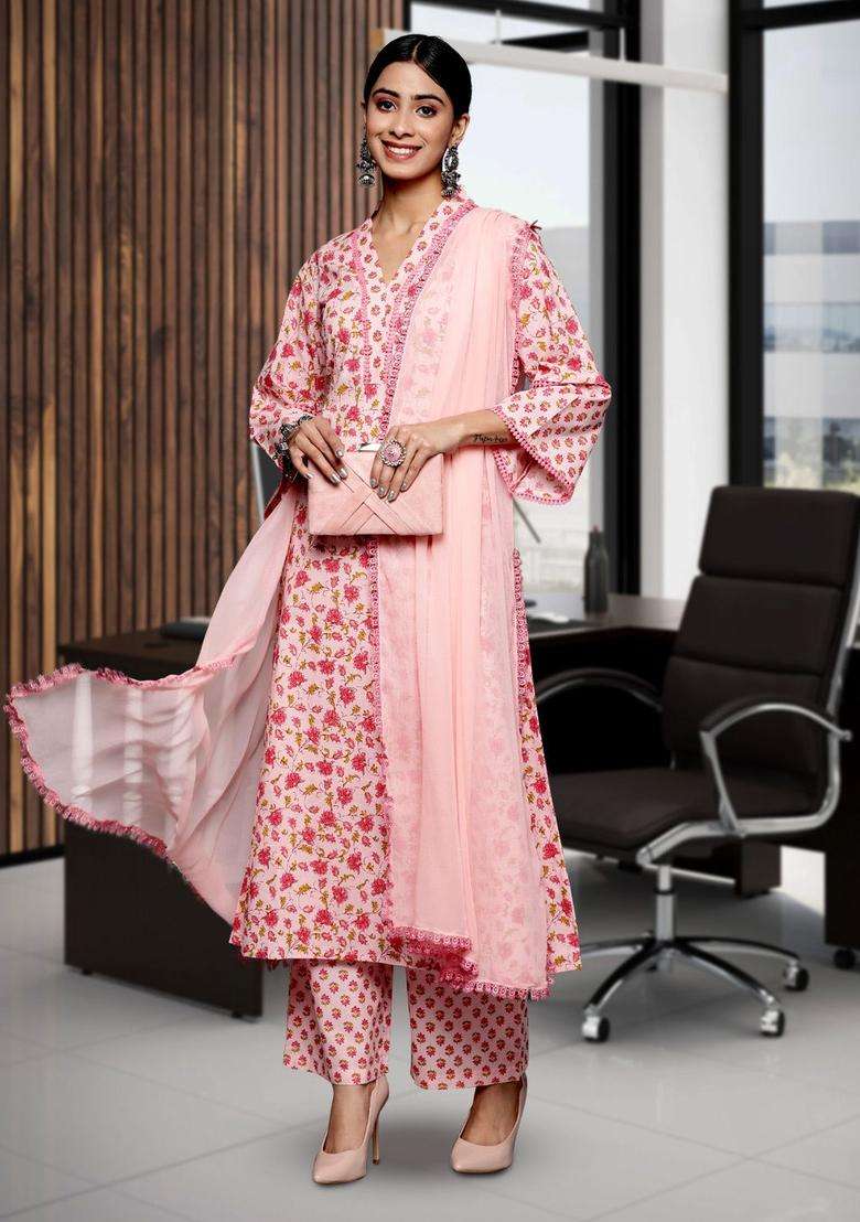 Pink Printed Cotton Kurta Set - Indya