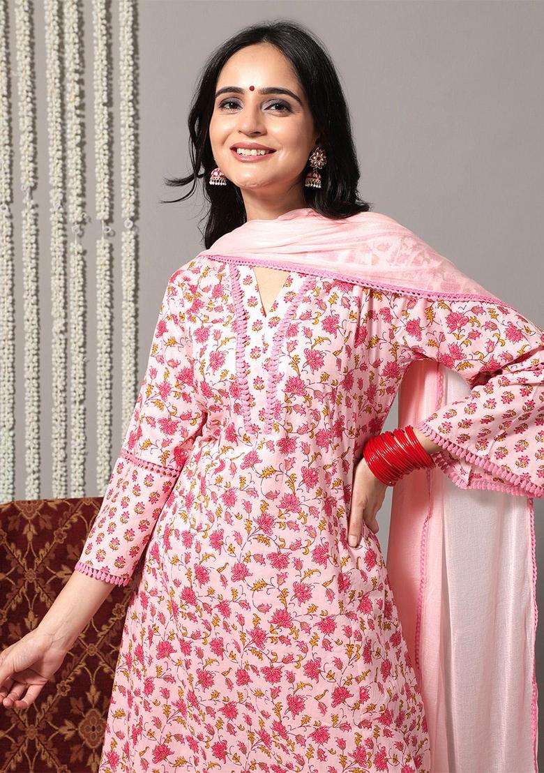 Pink Printed Cotton Kurta Set - Indya