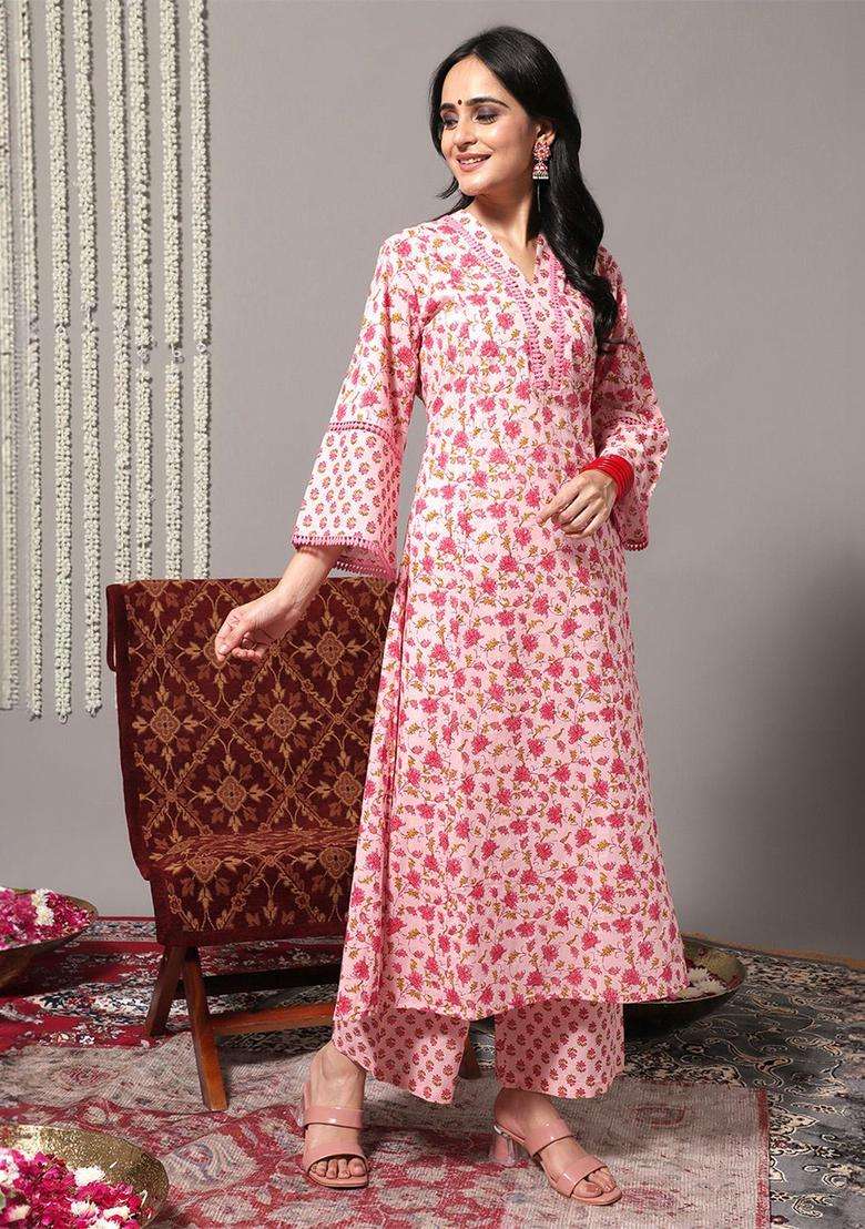 Pink Printed Cotton Kurta Set - Indya
