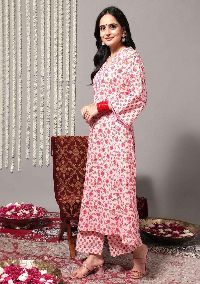 Pink Printed Cotton Kurta Set - Indya