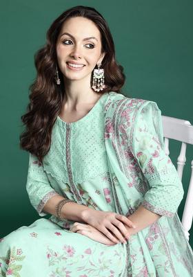 Sea Green Printed Cotton Kurta Set