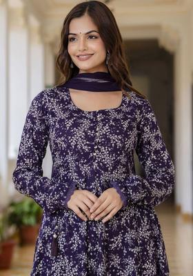 Purple Printed Cotton Anarkali Set