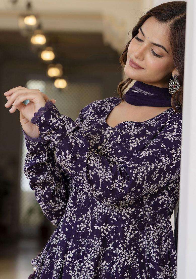 Purple Printed Cotton Anarkali Set - Indya