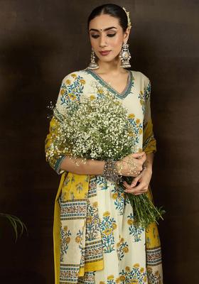 Off White Printed Cotton Kurta Set