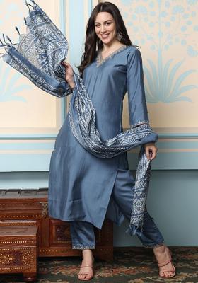 Grey Embroidered Silk Kurta Set