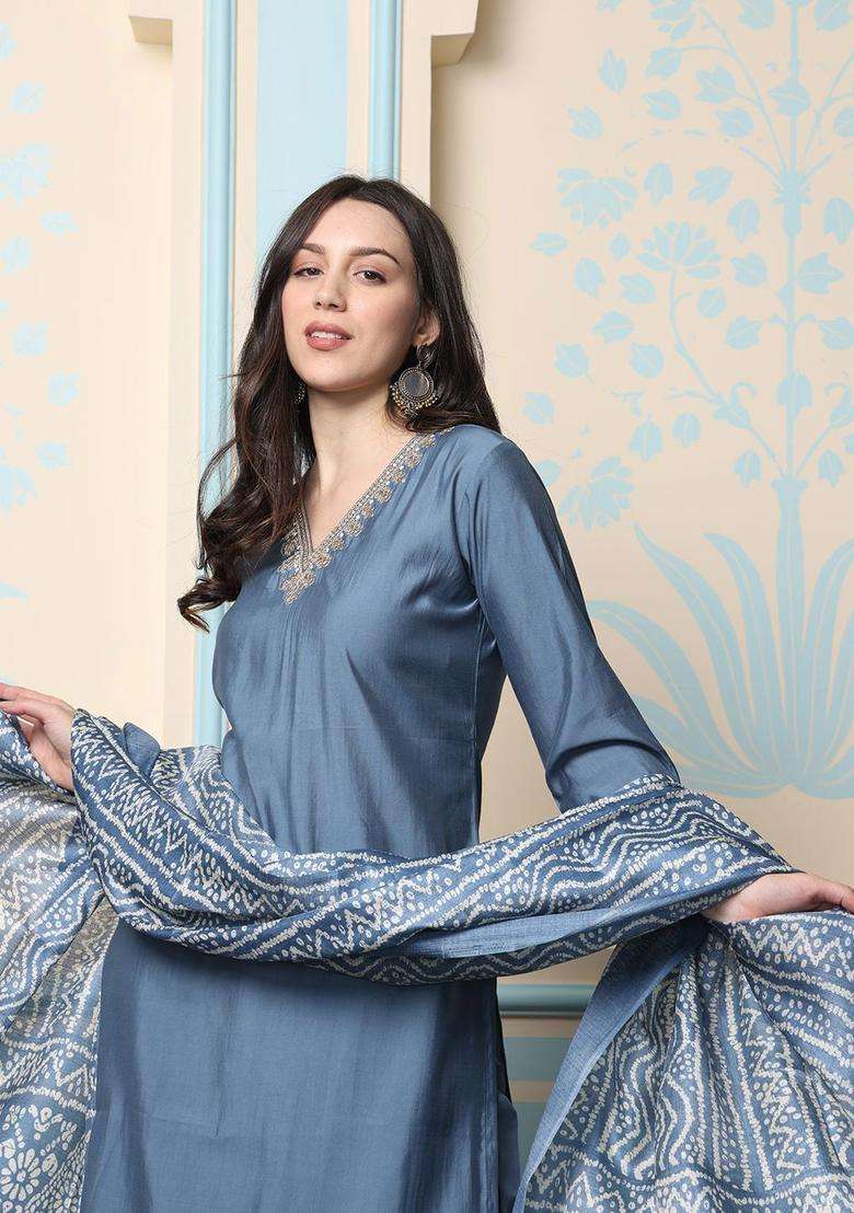 Grey Embroidered Silk Blend Kurta Set - Indya