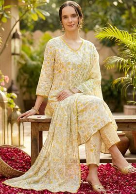 Off White Printed Cotton Kurta Set